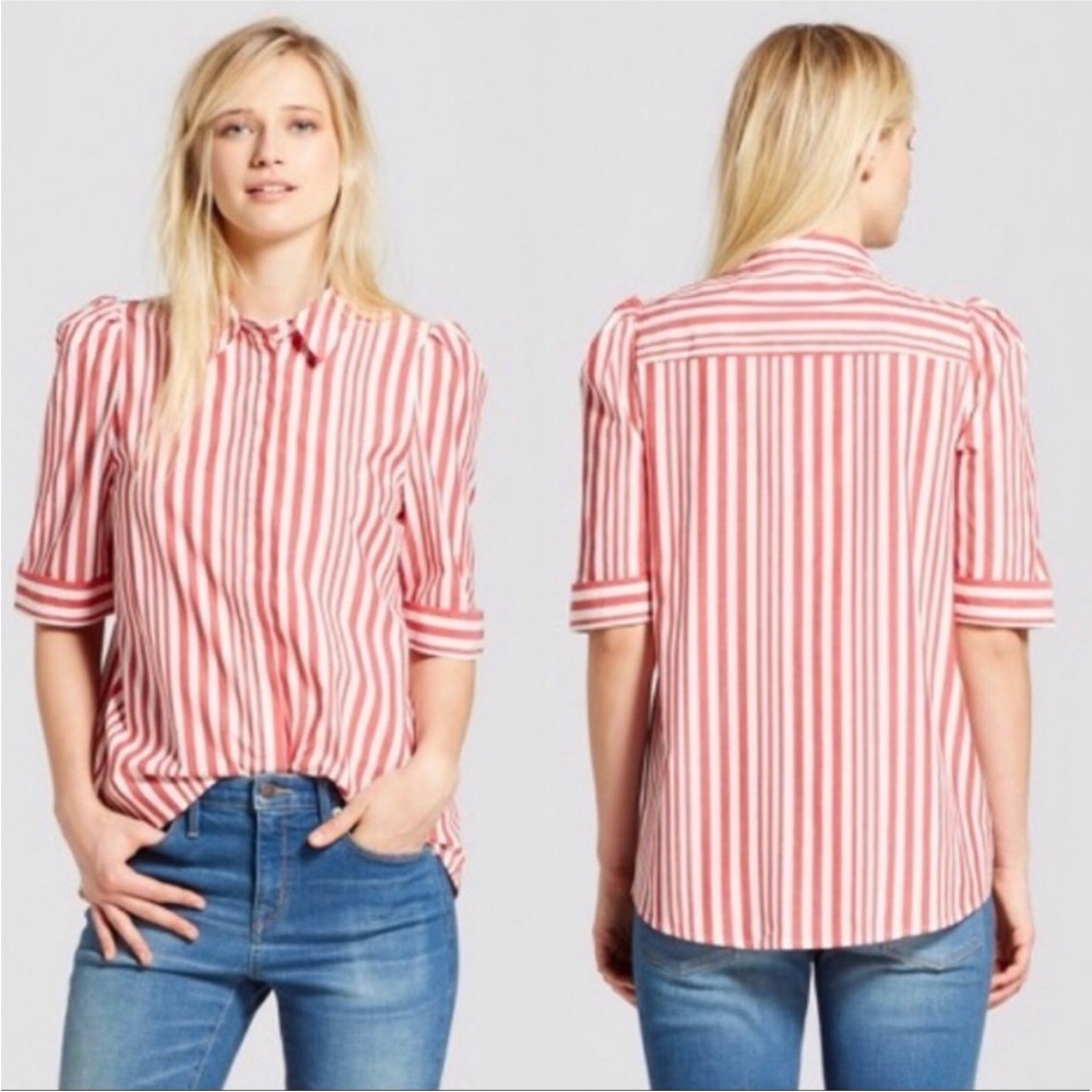 “Who What Wear” - Button-Up Red Striped Tunic Top - XL
